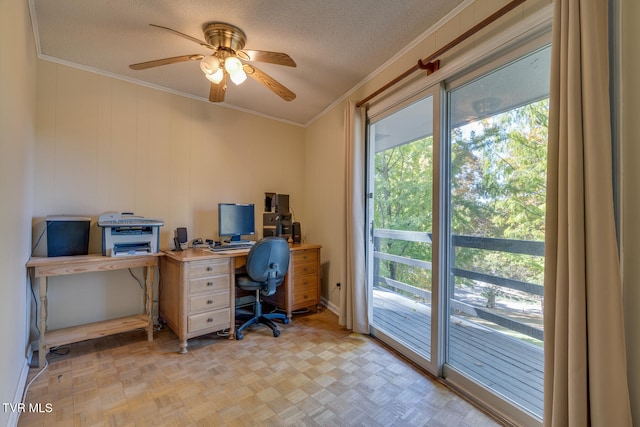 home office featuring crown molding, a textured ceiling, light parquet floors, and ceiling fan