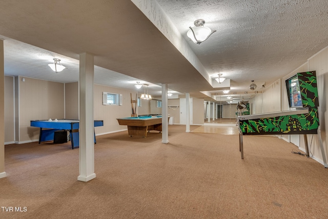 rec room featuring a textured ceiling, carpet floors, and pool table