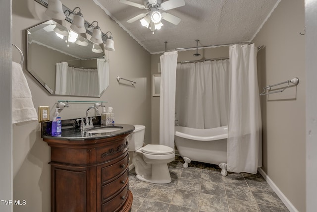 full bathroom featuring a textured ceiling, shower / bath combo, toilet, ceiling fan, and vanity