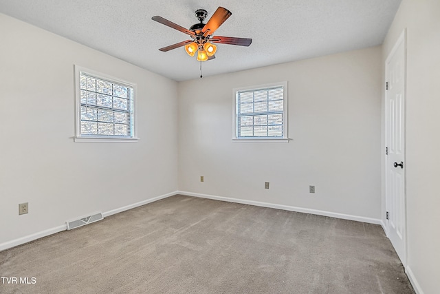 carpeted empty room featuring a textured ceiling, plenty of natural light, and ceiling fan