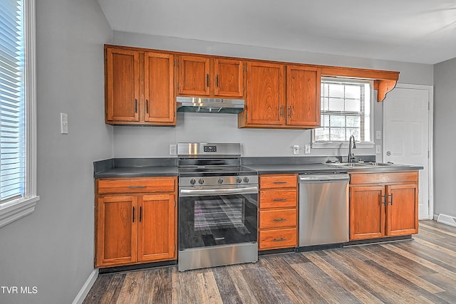 kitchen featuring sink, dark wood-type flooring, and appliances with stainless steel finishes