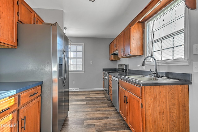 kitchen featuring sink, dark wood-type flooring, and stainless steel appliances