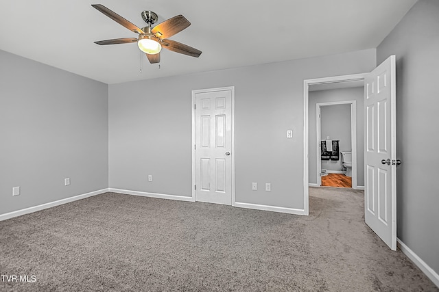 unfurnished bedroom featuring carpet flooring and ceiling fan