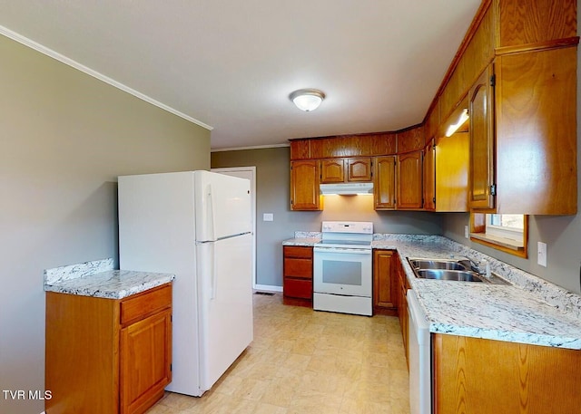 kitchen featuring crown molding, sink, and white appliances