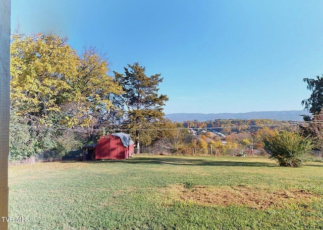 view of yard featuring a storage shed and a mountain view