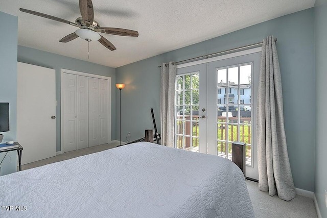 bedroom with ceiling fan, french doors, access to exterior, carpet floors, and baseboards