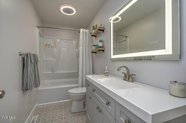 bathroom featuring tile patterned flooring, vanity, toilet, shower / tub combo, and visible vents