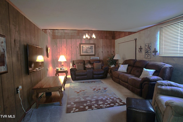 939 Muddy Creek Rd, Piney Flats, TN 37686 - living room featuring carpet, a chandelier, and wooden walls
