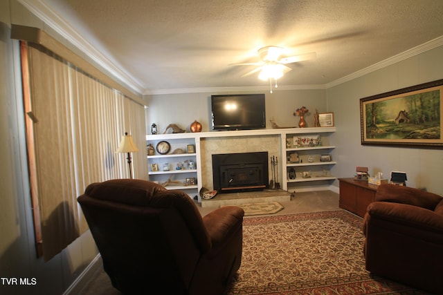 939 Muddy Creek Rd, Piney Flats, TN 37686 - carpeted living room featuring a ceiling fan, ornamental molding, and a textured ceiling