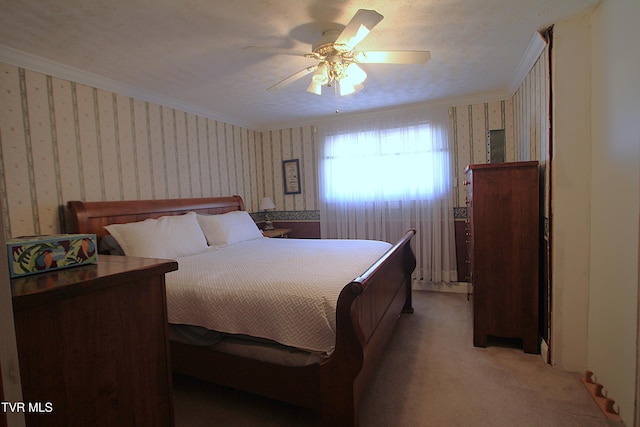 939 Muddy Creek Rd, Piney Flats, TN 37686 - bedroom with wallpapered walls, light colored carpet, a ceiling fan, and crown molding