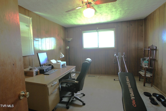 939 Muddy Creek Rd, Piney Flats, TN 37686 - carpeted office space with a ceiling fan, wood walls, and a textured ceiling