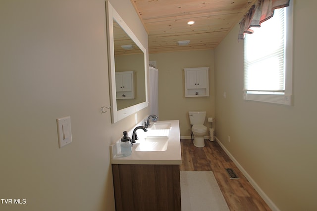 939 Muddy Creek Rd, Piney Flats, TN 37686 - full bathroom with wood ceiling, vanity, wood finished floors, and recessed lighting