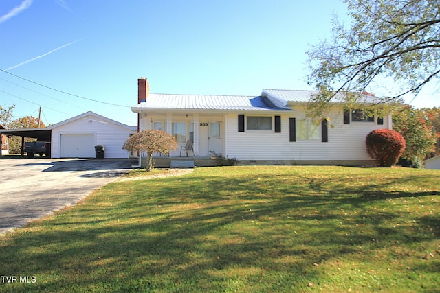 939 Muddy Creek Rd, Piney Flats, TN 37686 - view of front of house with driveway, a chimney, a metal roof, a porch, and an outdoor structure