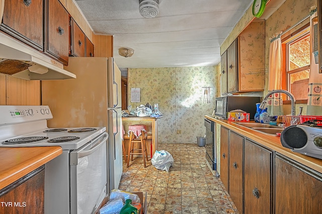 kitchen featuring dishwasher, white electric range, and sink