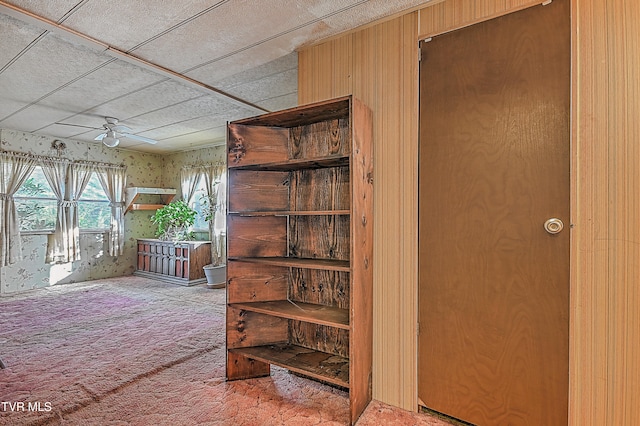 interior space featuring wooden walls and carpet flooring