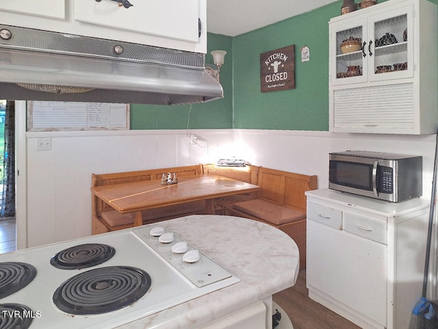 kitchen featuring white cabinets, white stove, and dark hardwood / wood-style flooring