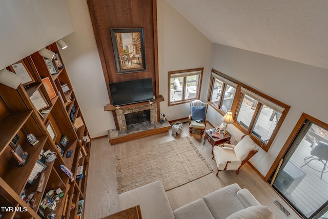 living room with hardwood / wood-style flooring, a stone fireplace, plenty of natural light, and high vaulted ceiling