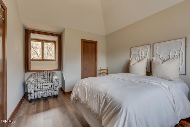 bedroom featuring wood-type flooring and vaulted ceiling