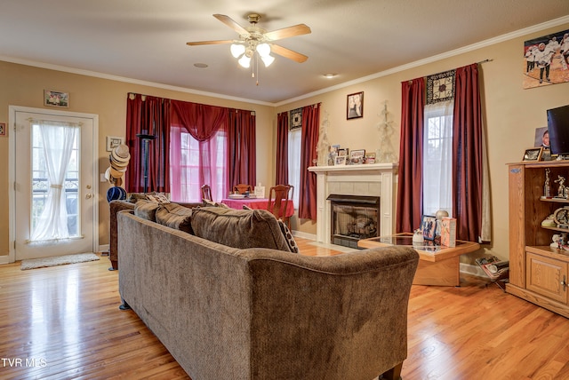 living room featuring plenty of natural light, light hardwood / wood-style floors, and crown molding