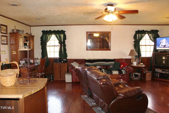 living room featuring a wealth of natural light, ceiling fan, a textured ceiling, and dark hardwood / wood-style flooring