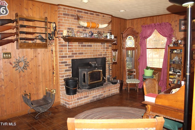 living room with a wood stove and wooden walls