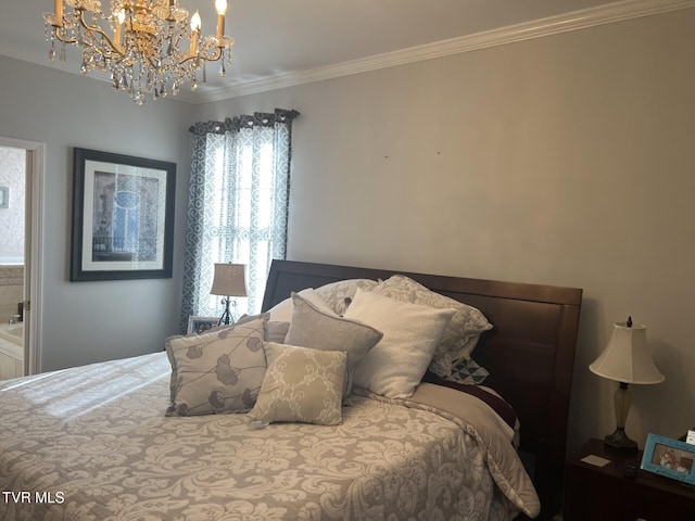 bedroom featuring an inviting chandelier and ornamental molding