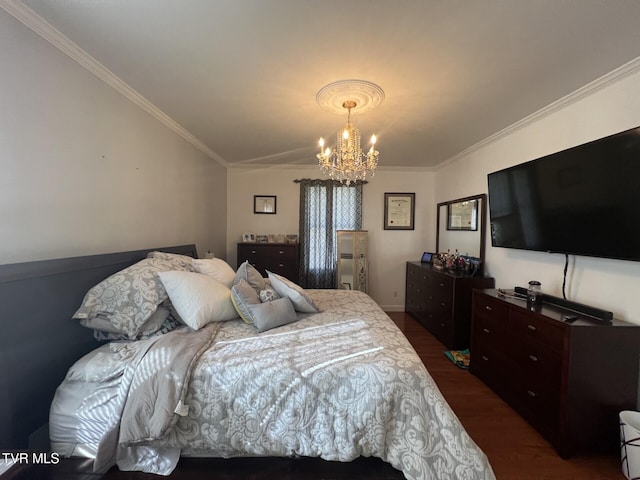 bedroom with dark hardwood / wood-style floors, crown molding, and an inviting chandelier