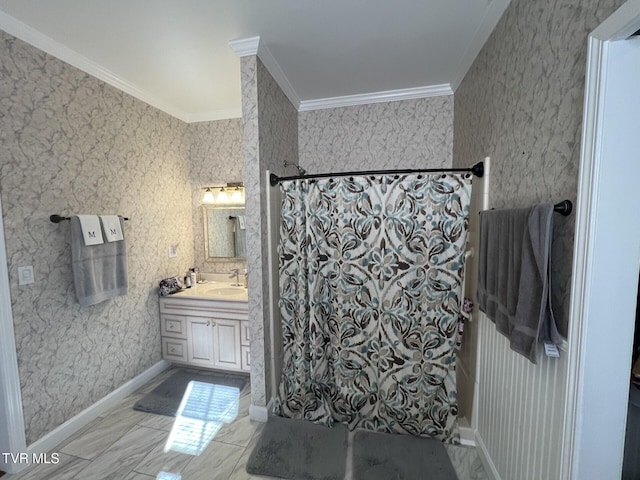 bathroom featuring a shower with curtain, vanity, and ornamental molding