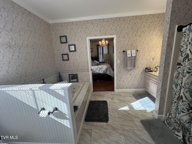 bathroom with a chandelier, vanity, and crown molding