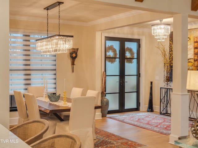 175 Deer Ridge Ct, Butler, TN 37640 - dining space with a chandelier, french doors, wood finished floors, and ornamental molding