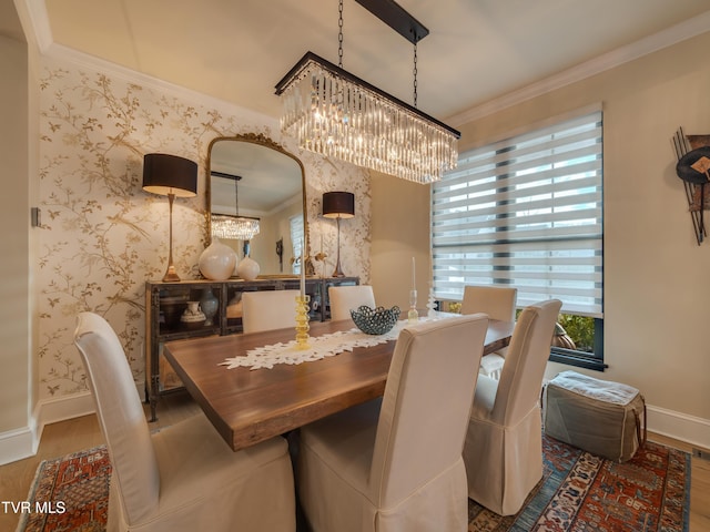 175 Deer Ridge Ct, Butler, TN 37640 - dining space featuring a chandelier, wood finished floors, baseboards, and ornamental molding