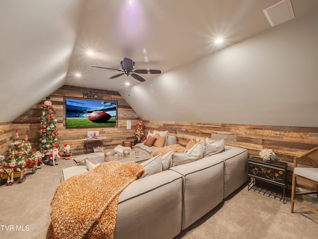 175 Deer Ridge Ct, Butler, TN 37640 - home theater featuring wooden walls, carpet floors, vaulted ceiling, recessed lighting, and a ceiling fan