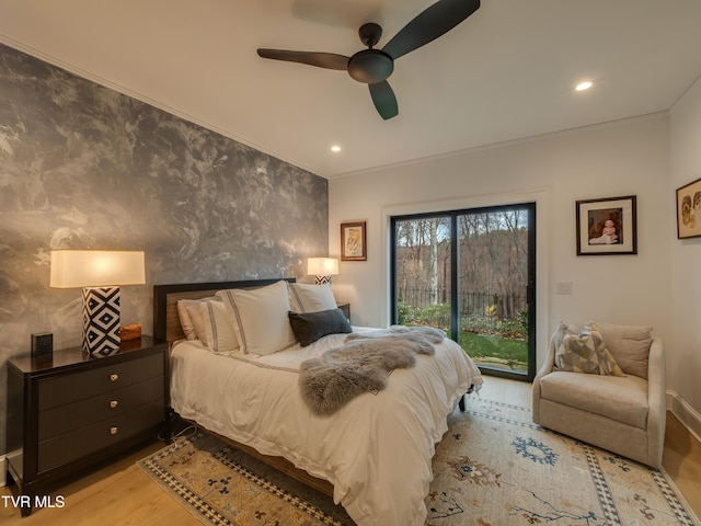 bedroom with ceiling fan, ornamental molding, light hardwood / wood-style flooring, and access to outside