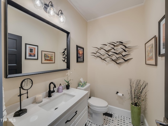 175 Deer Ridge Ct, Butler, TN 37640 - half bath featuring toilet, vanity, crown molding, baseboards, and tile patterned floors