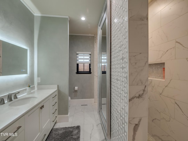 175 Deer Ridge Ct, Butler, TN 37640 - full bathroom with vanity, marble finish flooring, a walk in shower, baseboards, and crown molding