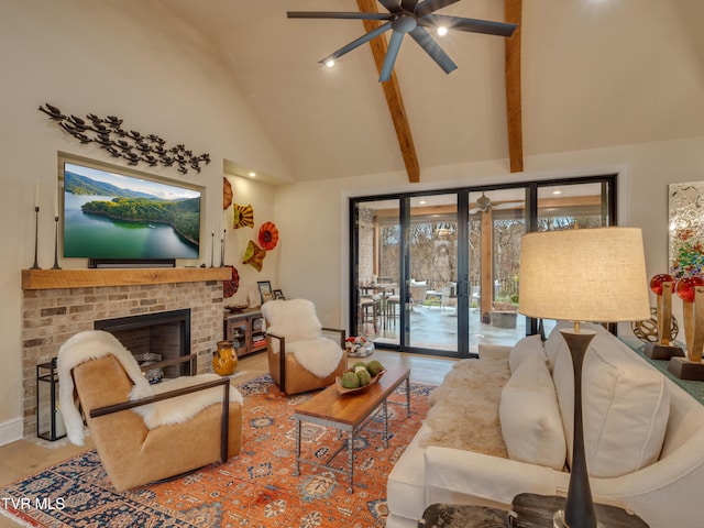 175 Deer Ridge Ct, Butler, TN 37640 - living room featuring ceiling fan, high vaulted ceiling, a fireplace, and beamed ceiling