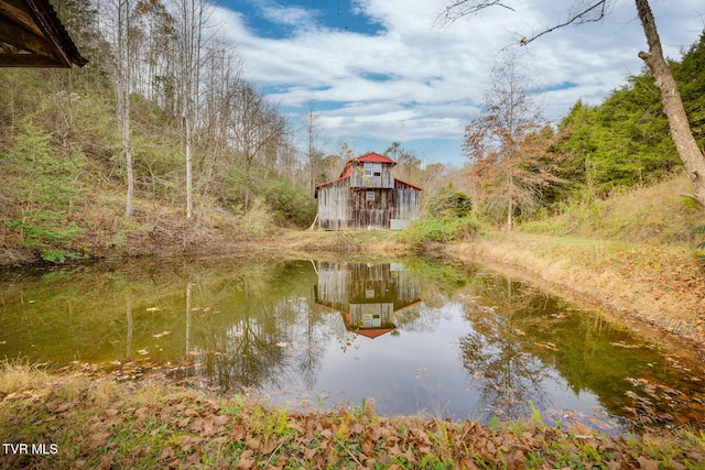 view of water feature featuring a barn