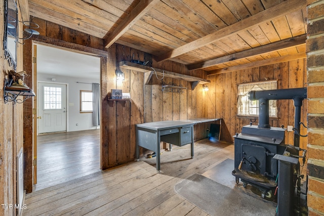 interior space with wooden ceiling, light hardwood / wood-style floors, beamed ceiling, a wood stove, and wooden walls