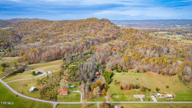 birds eye view of property featuring a mountain view and a forest view