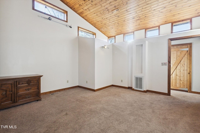 unfurnished room featuring wooden ceiling, light carpet, and high vaulted ceiling