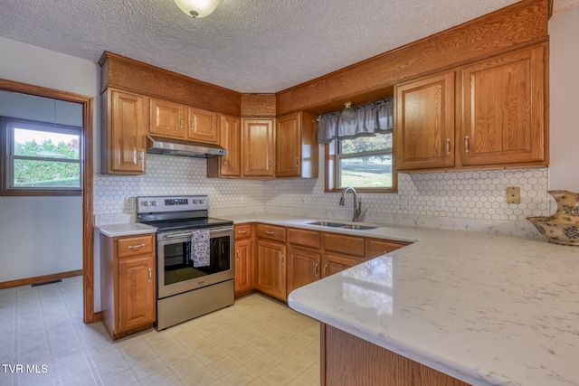 kitchen featuring stainless steel electric range, sink, backsplash, and kitchen peninsula