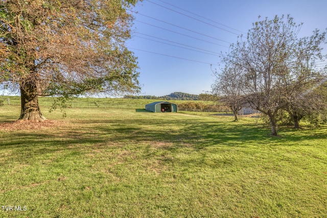 view of yard with a shed and a rural view