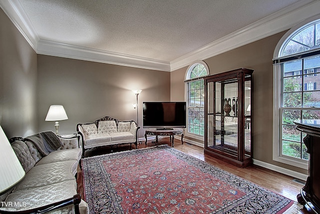 living room featuring hardwood / wood-style flooring, ornamental molding, and plenty of natural light