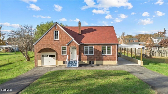 view of front of home featuring a garage and a front lawn