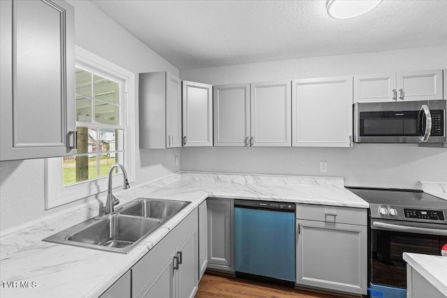 kitchen featuring gray cabinets, stainless steel appliances, dark wood-type flooring, and sink