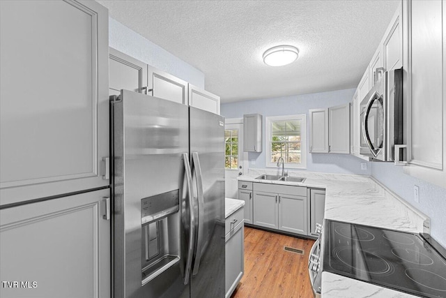 kitchen with stainless steel appliances, sink, a textured ceiling, light hardwood / wood-style flooring, and gray cabinetry