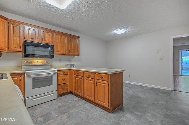 kitchen featuring kitchen peninsula, white electric range, and a textured ceiling