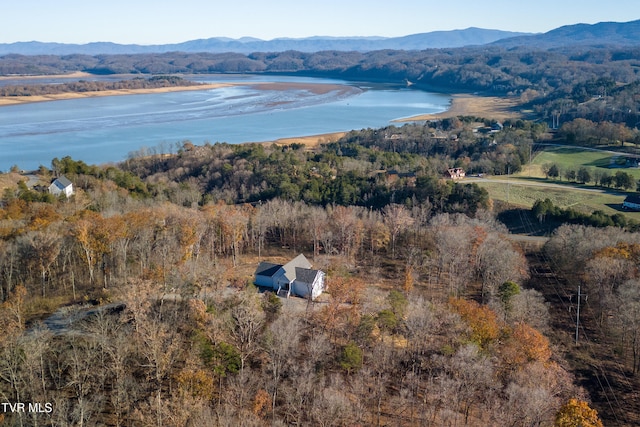 birds eye view of property with a water and mountain view