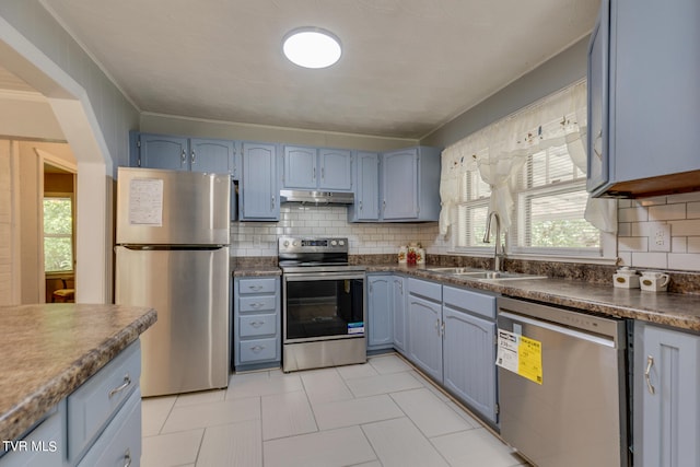 kitchen with sink, appliances with stainless steel finishes, crown molding, blue cabinets, and decorative backsplash