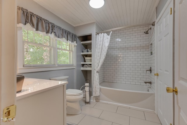 full bathroom with toilet, vanity, shower / bath combination with curtain, and tile patterned flooring